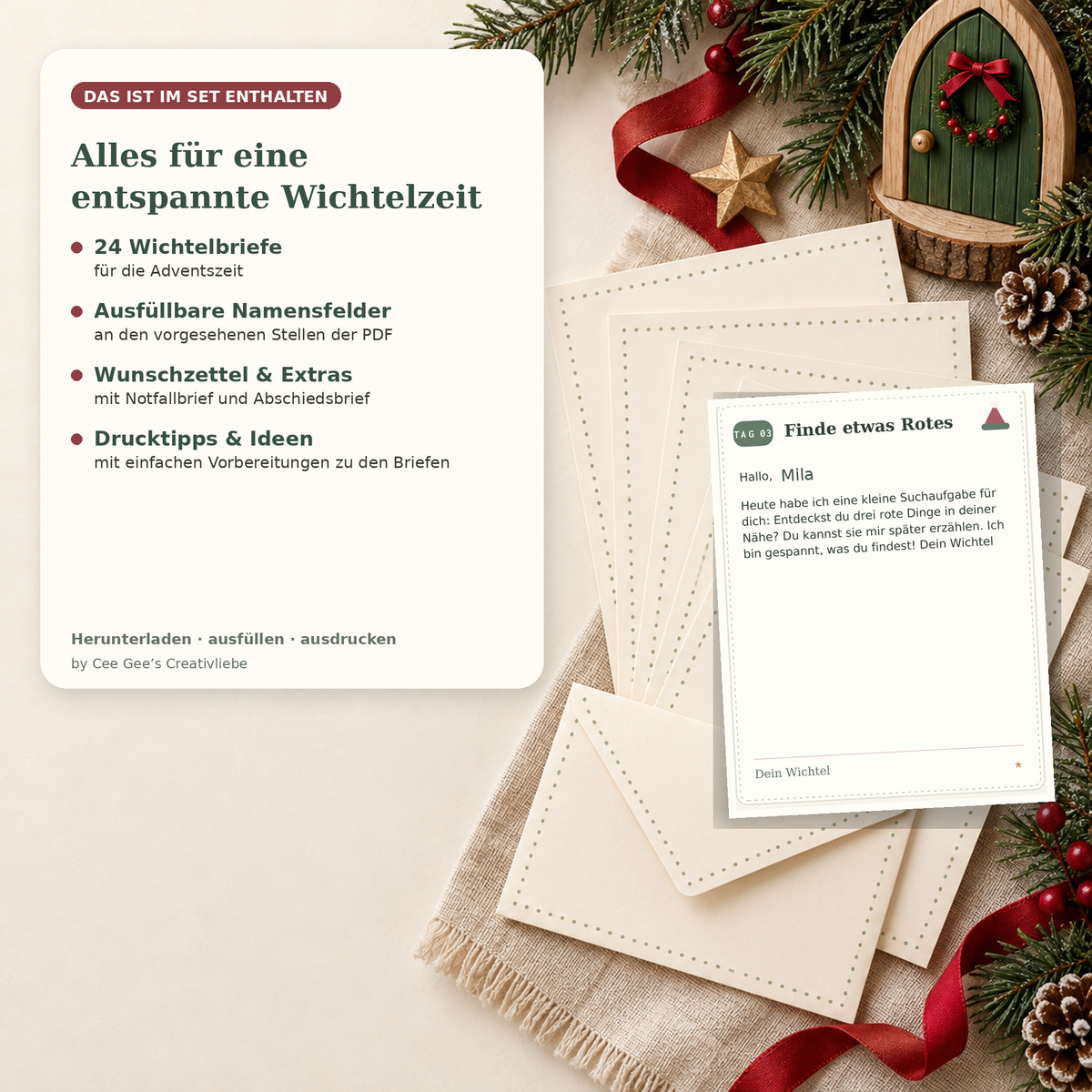 Wichtelbriefe zum Ausdrucken – 24 personalisierbare Briefe mit Extras (PDF)